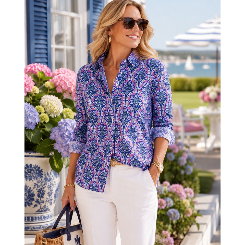 Mary Marshmallow Floral Boyfriend Shirt Button Down Blouse Boho Preppy Pink M